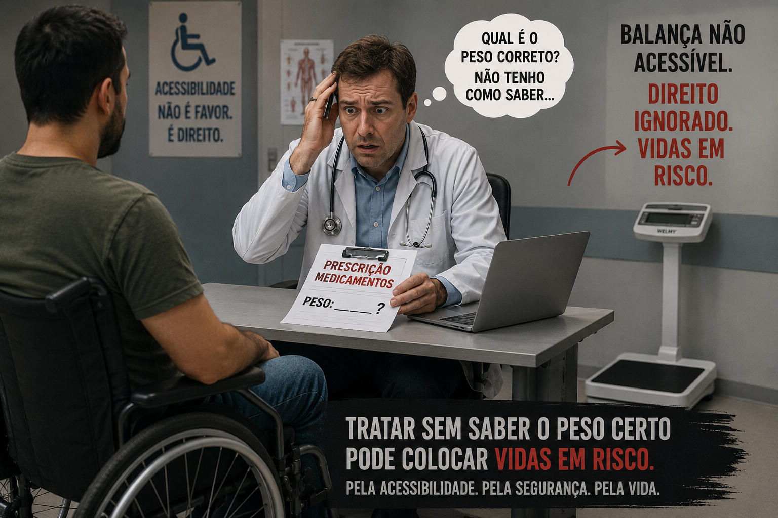 Médico em consulta com paciente cadeirante sem balança acessível, sem saber o peso para prescrever medicamentos com segurança